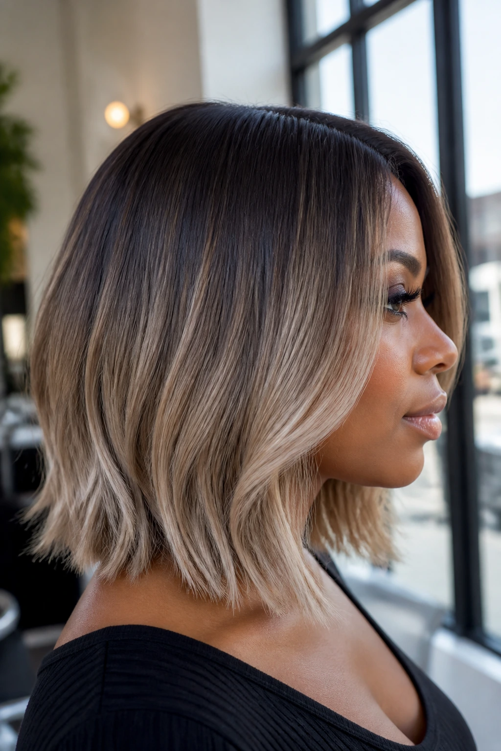 Close-up of a real person with cool blonde ombré on a lob