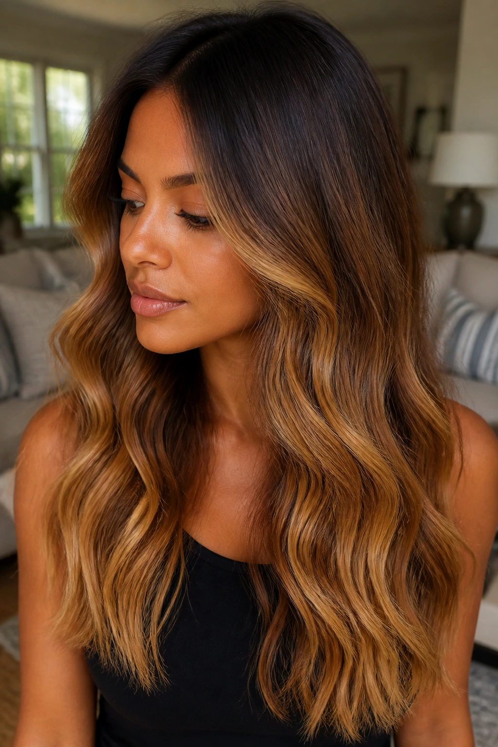 Close-up of hair showing maple to honey ombré gradient on tan skin