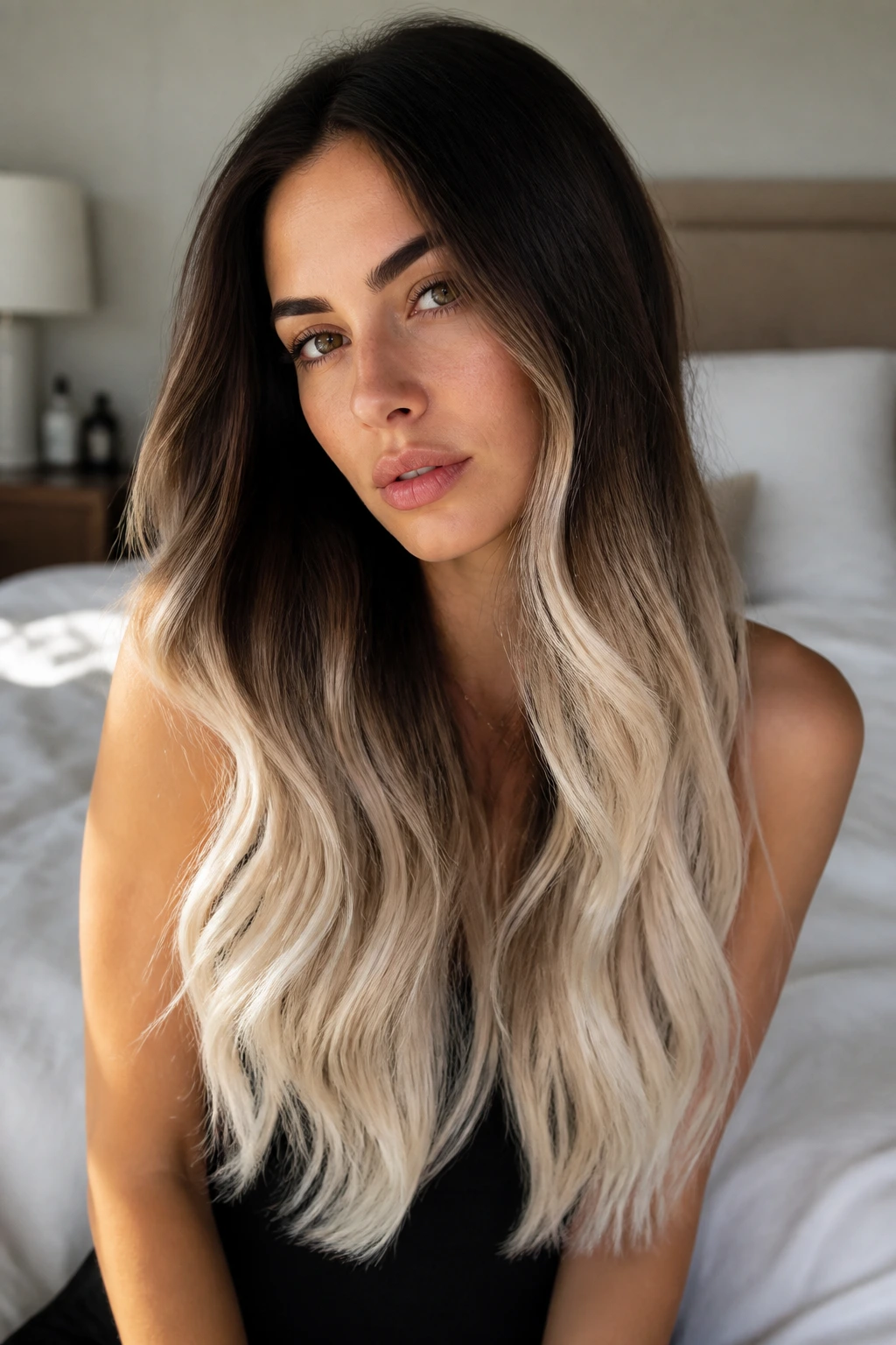 Close-up of a real woman with long brunette-to-platinum ombre hair cascading over shoulders in warm bedroom light