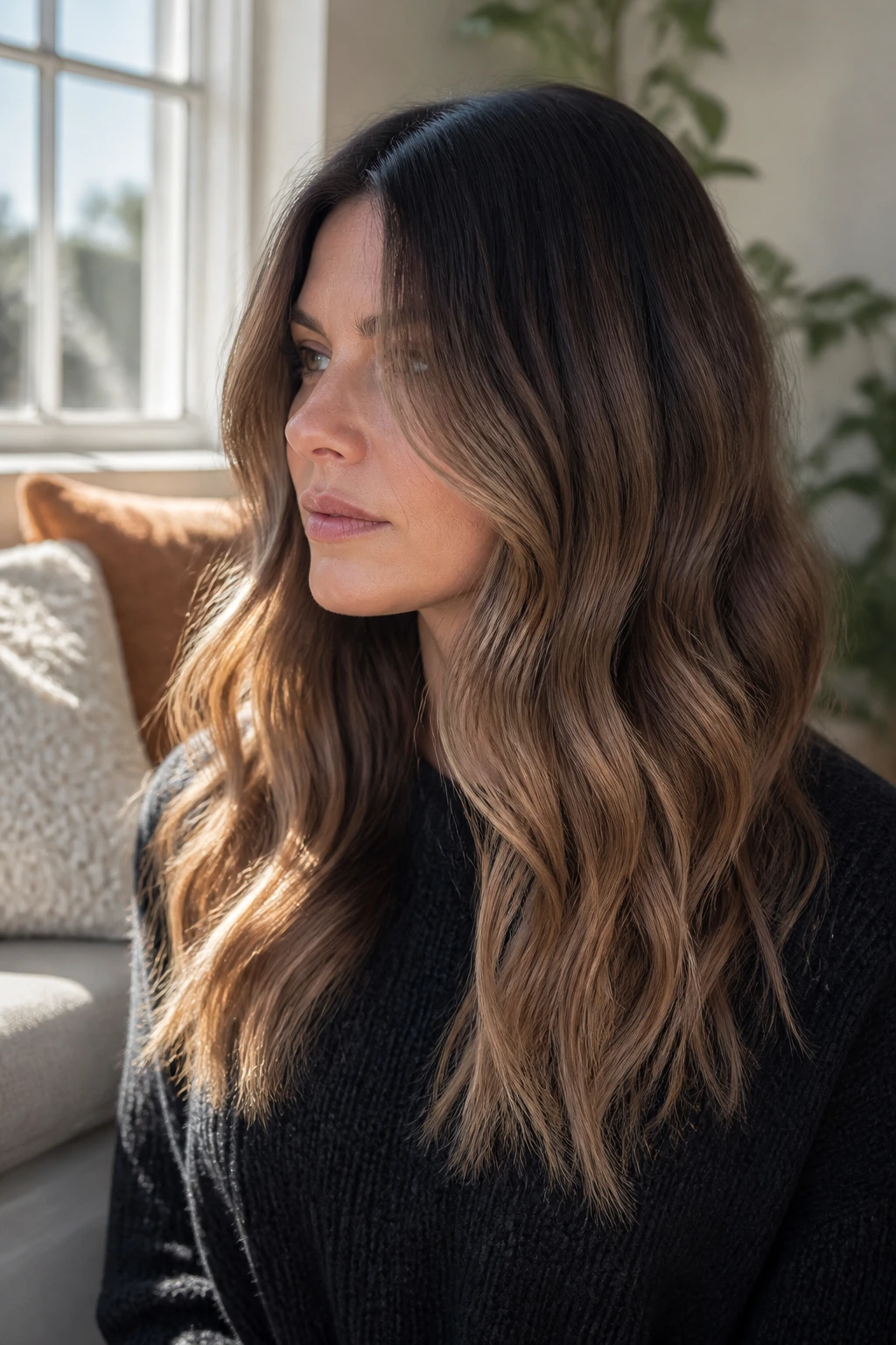 Portrait of a real person with a smoky bronze ombré transition from roots to ends.