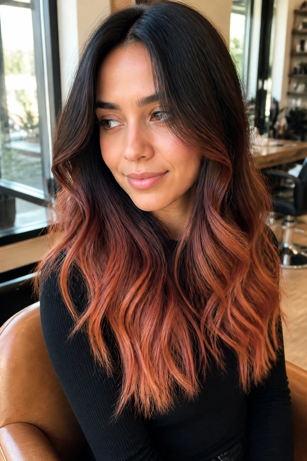 Close-up portrait of a real woman with bronze-to-strawberry ombre on dark hair in a warm salon