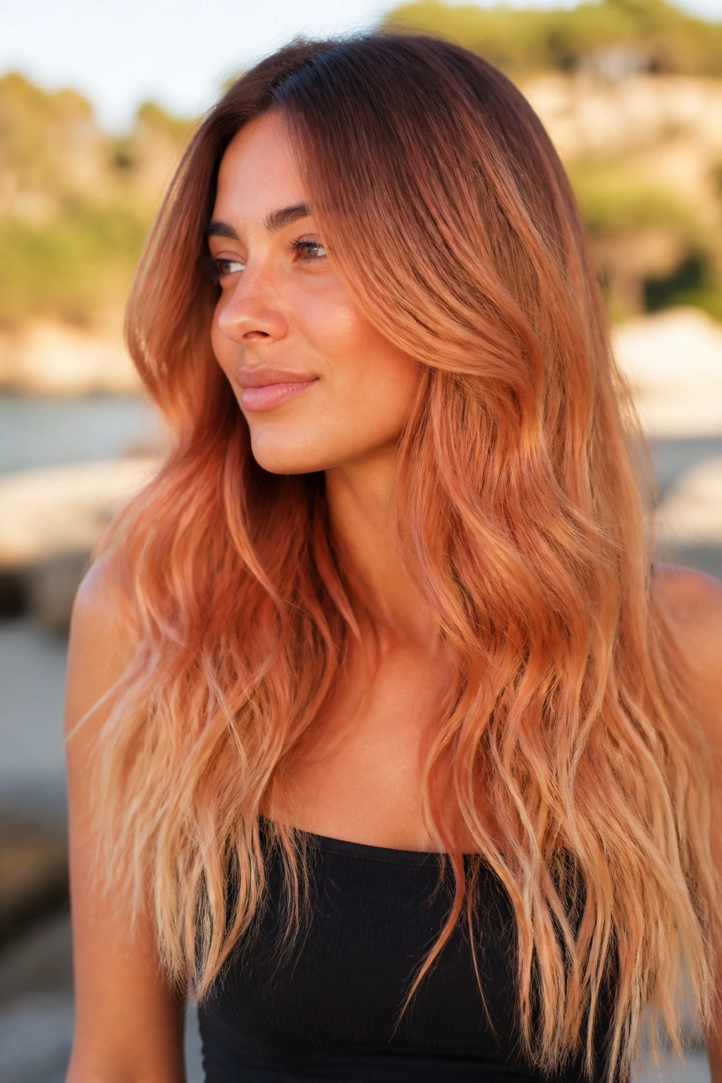 Close-up portrait of a real person with Toffee Apricot Ombré showing root-toffee to apricot gradient in golden hour light
