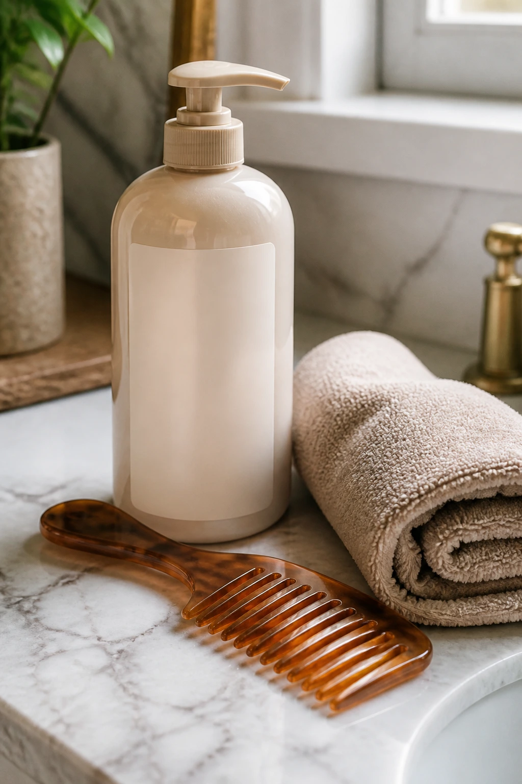Close-up of essential curly ombre tools like shampoo, comb, and towel on bathroom counter