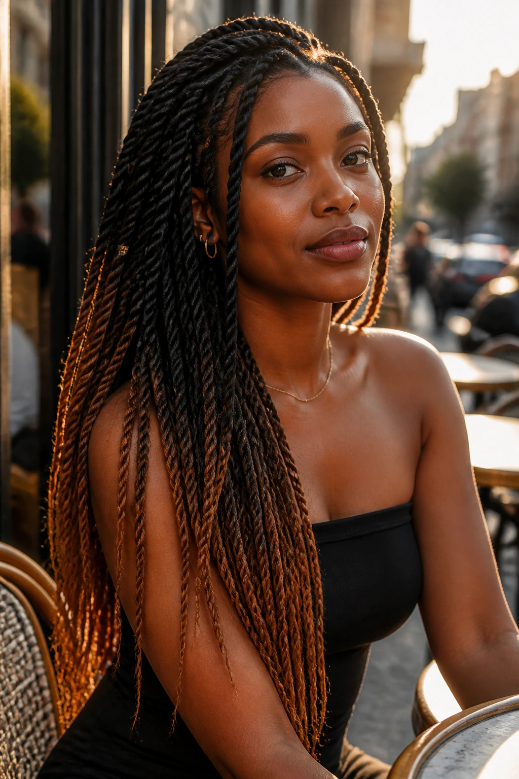 Close-up of a real woman with two-tone twists and warm ombre ends