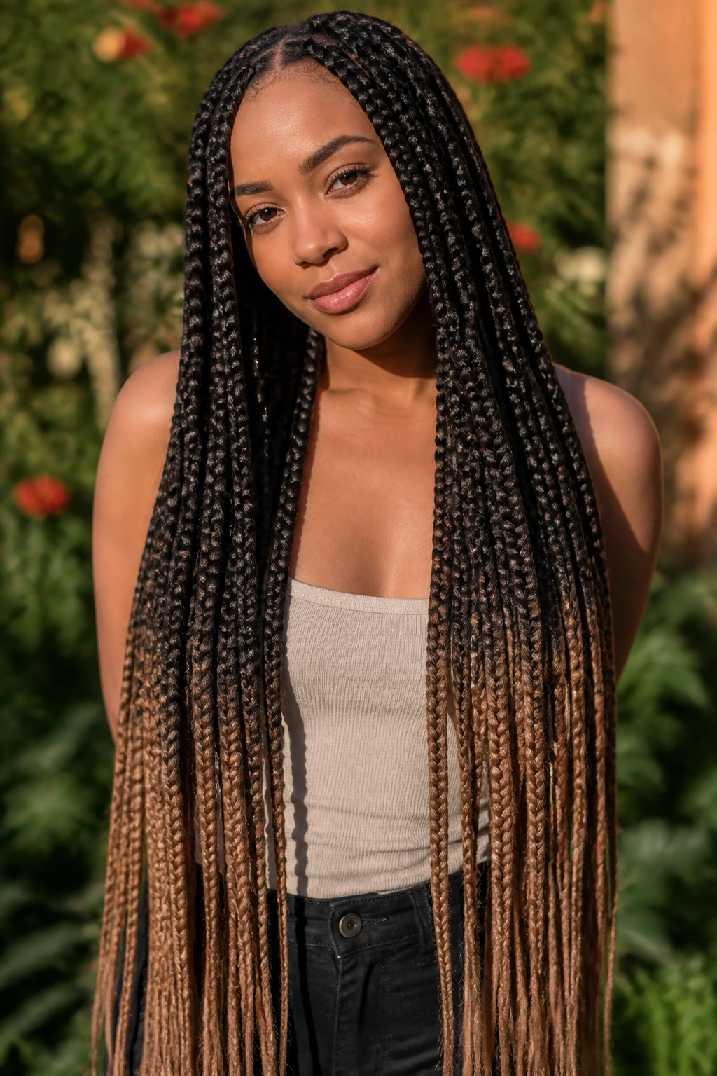 Close-up of a real woman's ombre waist-length jumbo braids cascading down her chest