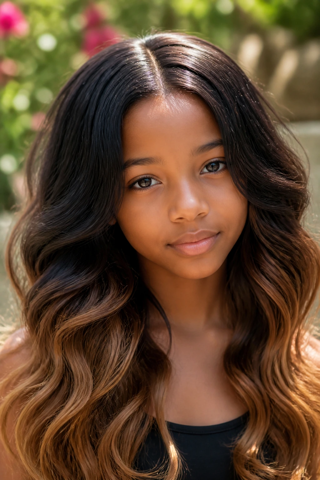Close-up of a real girl with subtle ombre waves and center part