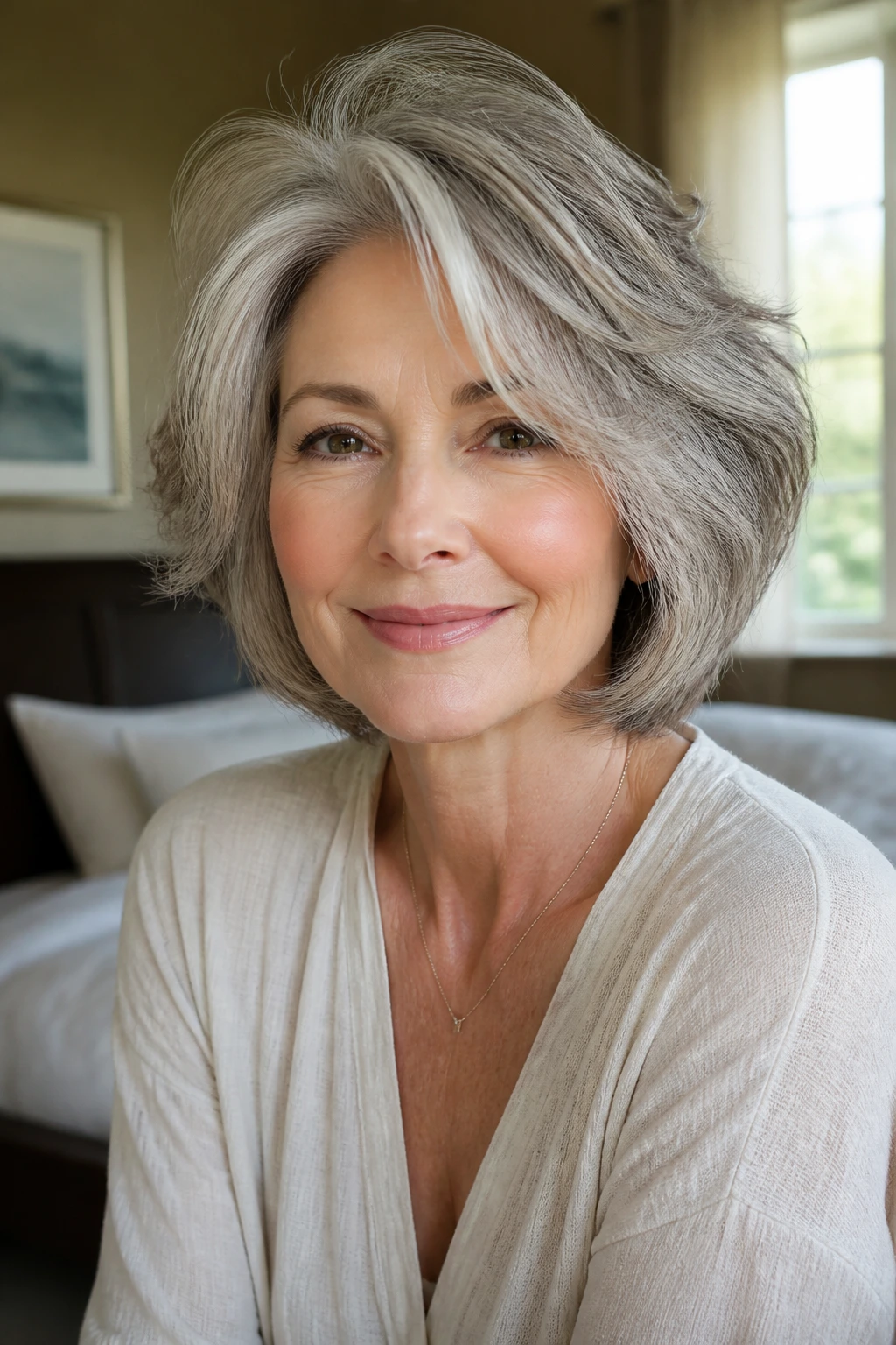 Close-up portrait showing crown lift, soft edges, and hair movement for on-camera styles