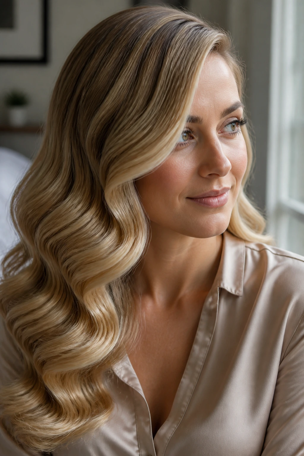 Portrait of a woman with glossy, single-direction satin waves