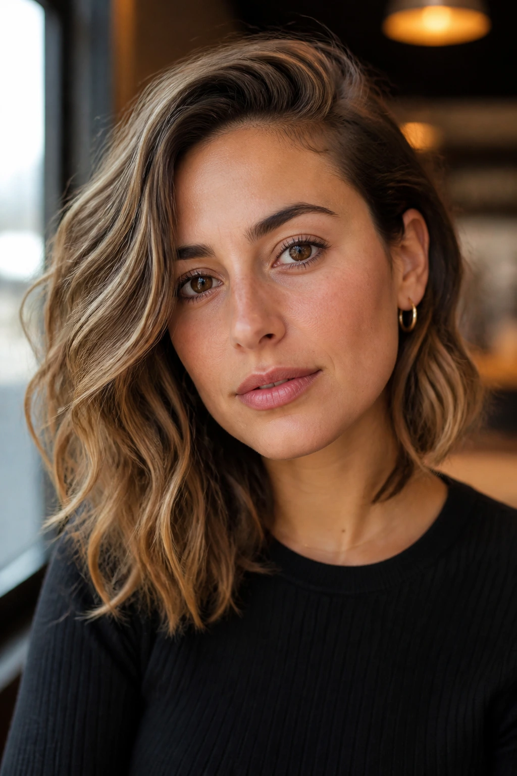 Close-up portrait of a real woman with one side tucked behind the ear and beachy waves