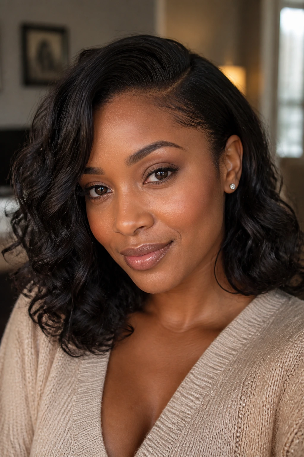 Close-up of a real Black woman with One-Ear-Tucked Waves, ear tucked behind