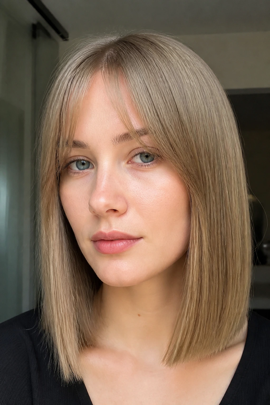 Portrait of a woman with a one-length cut and baby curtain fringe