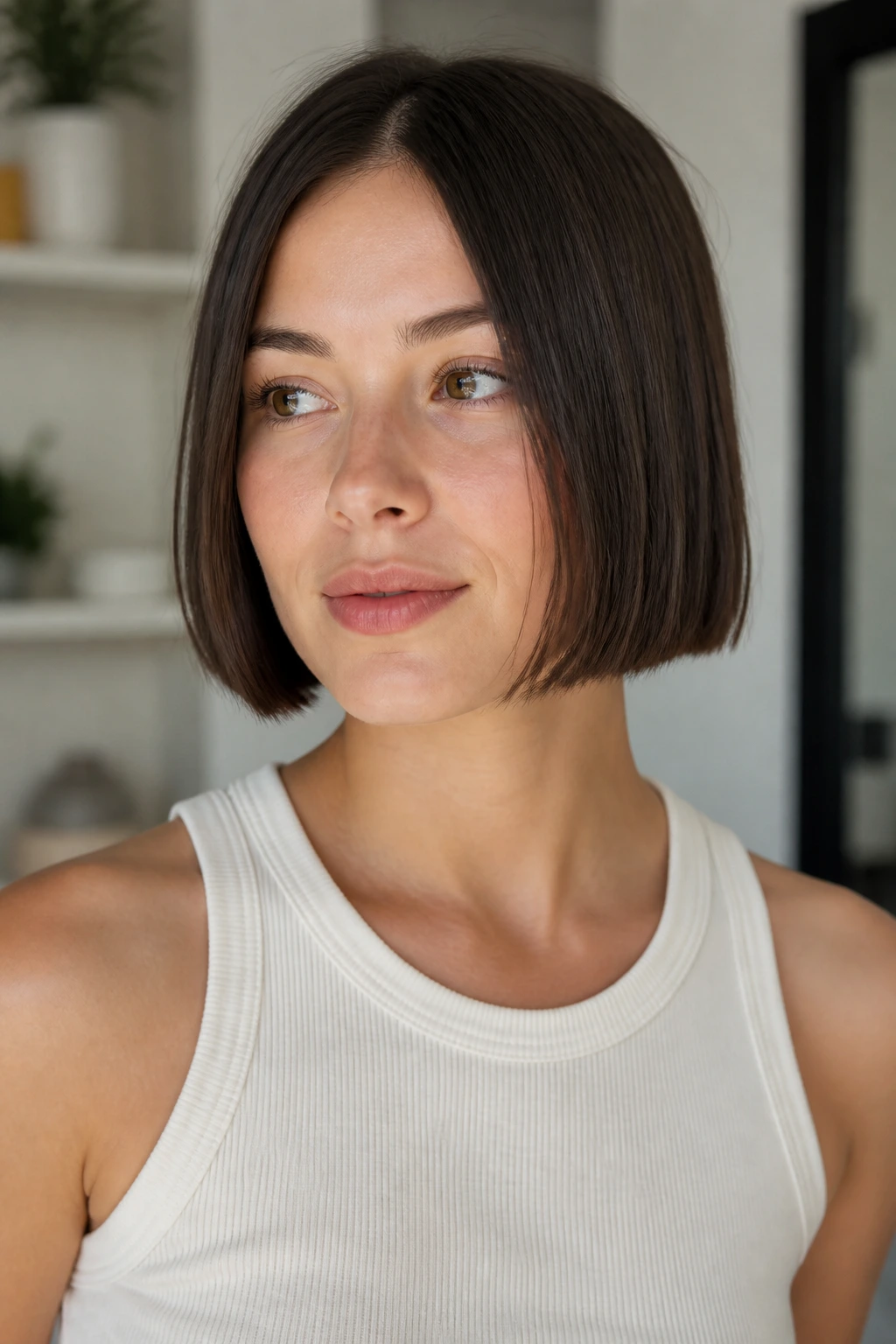 Close-up of a real woman with a blunt one-length chin bob in bright natural light.