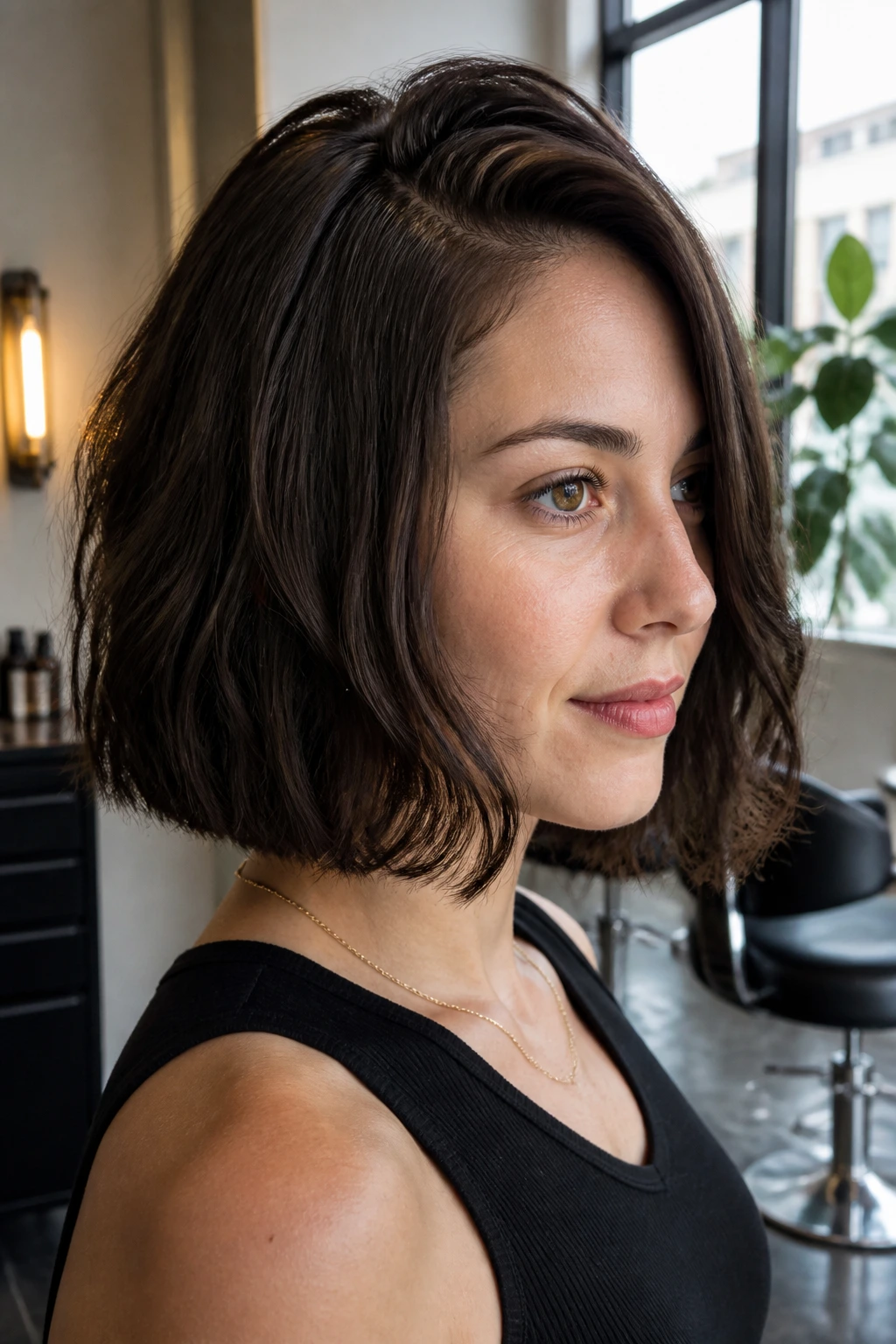 Close-up portrait of a woman with a deep-side-part one-length bob in a bright salon