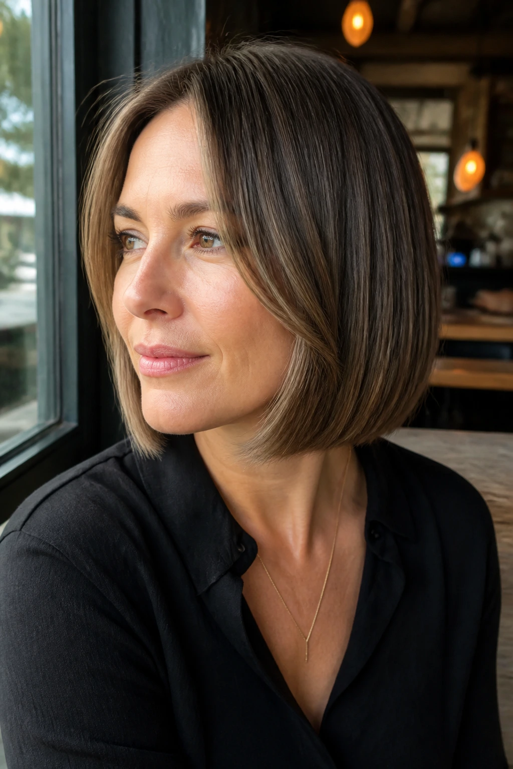 Close-up of a real woman with a blunt bob and face-hugging layers