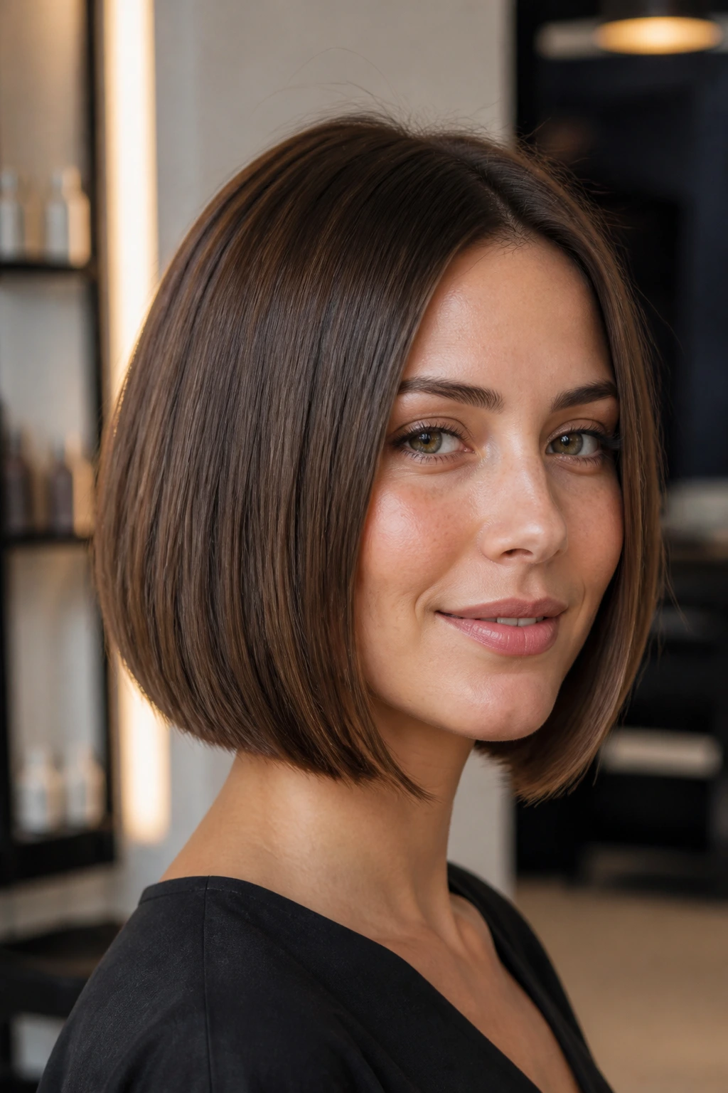 Portrait of a woman with a clean one-length bob at the jaw in a softly lit salon