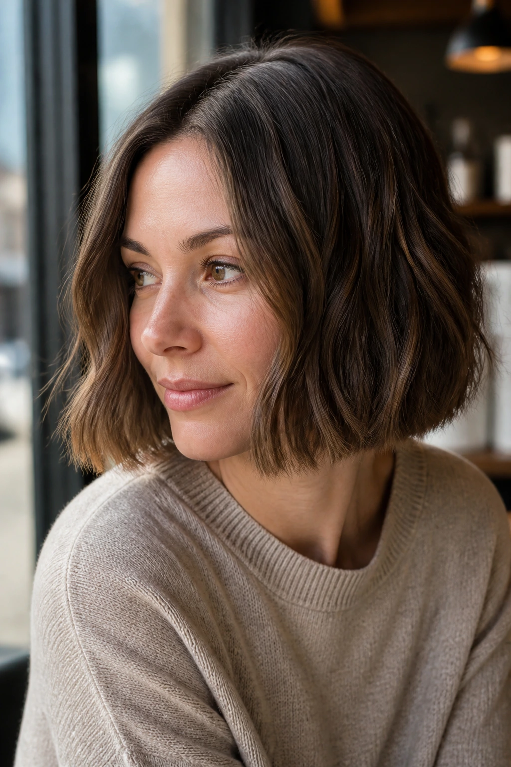 Real woman's one-length bob with hidden texture beneath the top layer