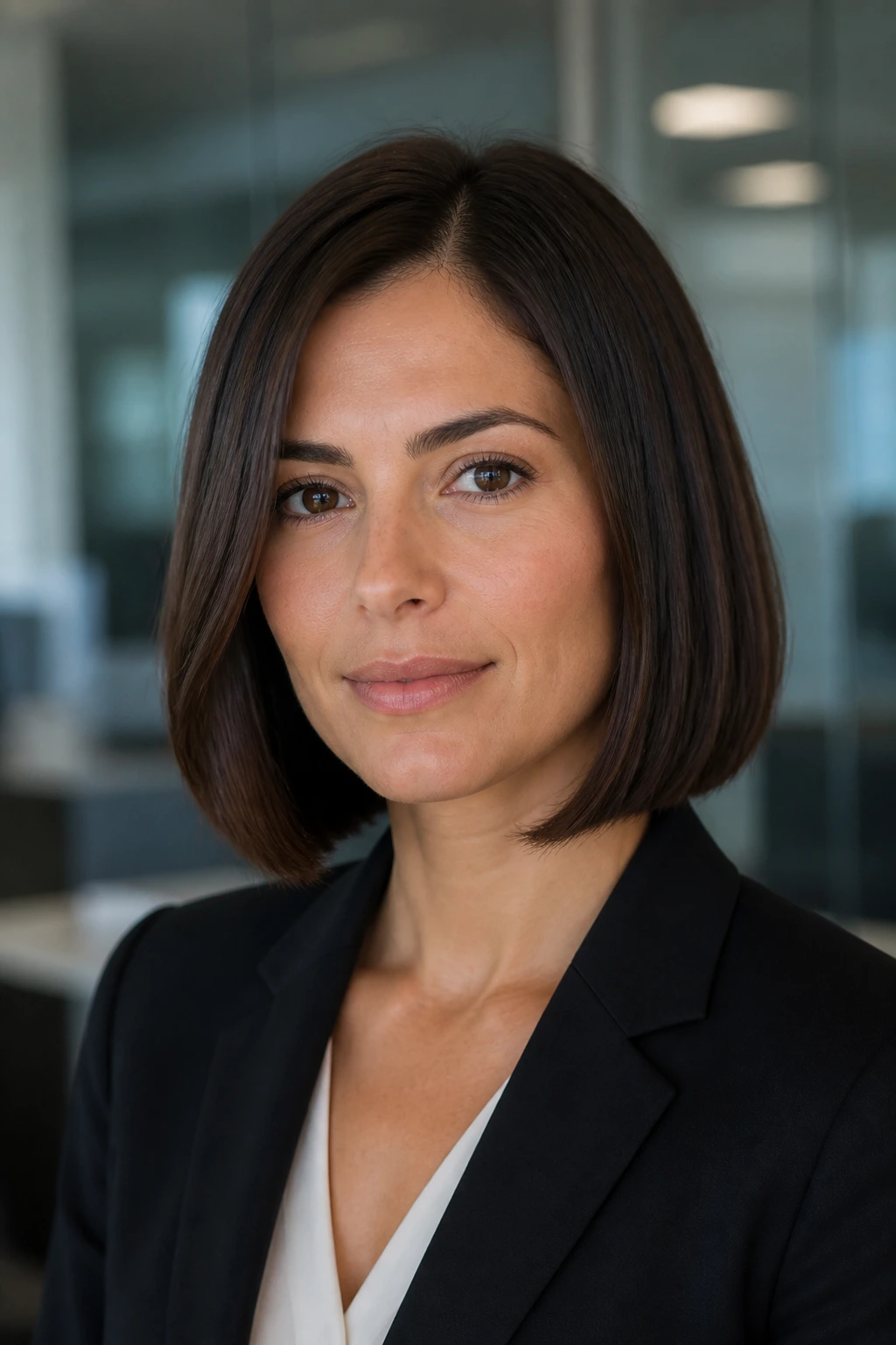 Close-up of a real woman with a one-length bob and hidden internal layers