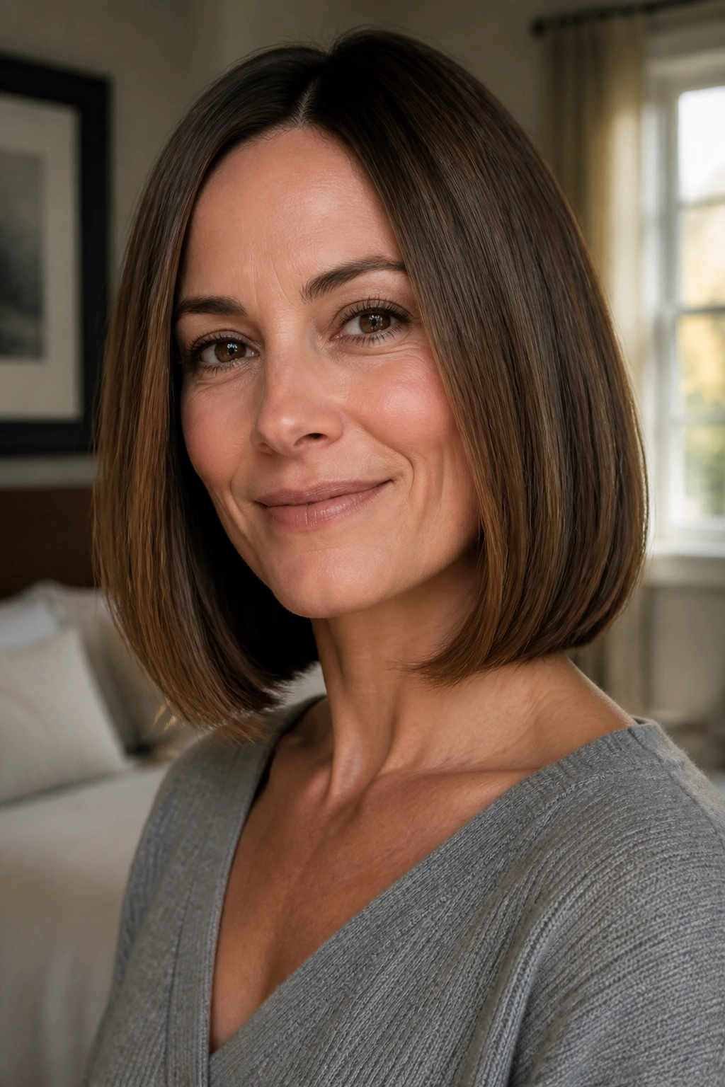 Close-up of a real woman with a one-length mid-bob and tucked-under ends.