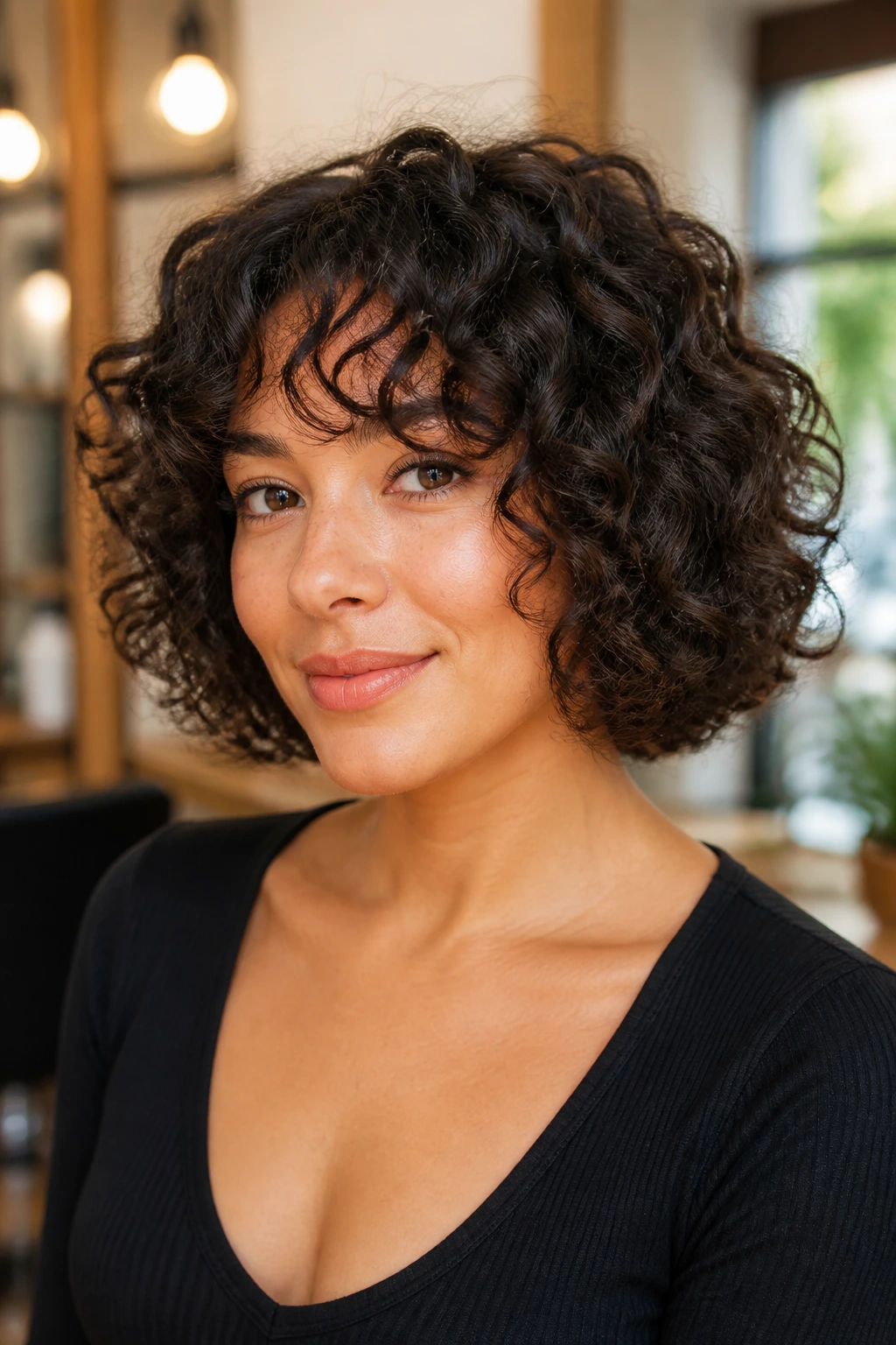 Close-up portrait of a real woman with a sleek one-length curly bob.