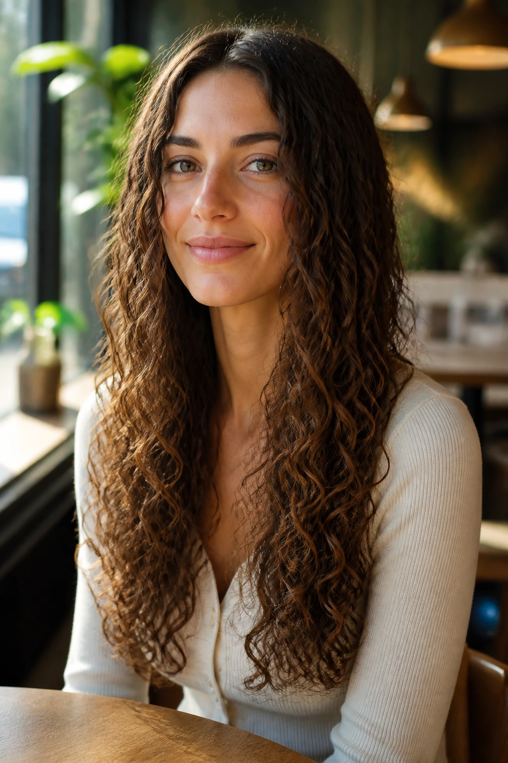 Real woman with long one-length cut in warm light
