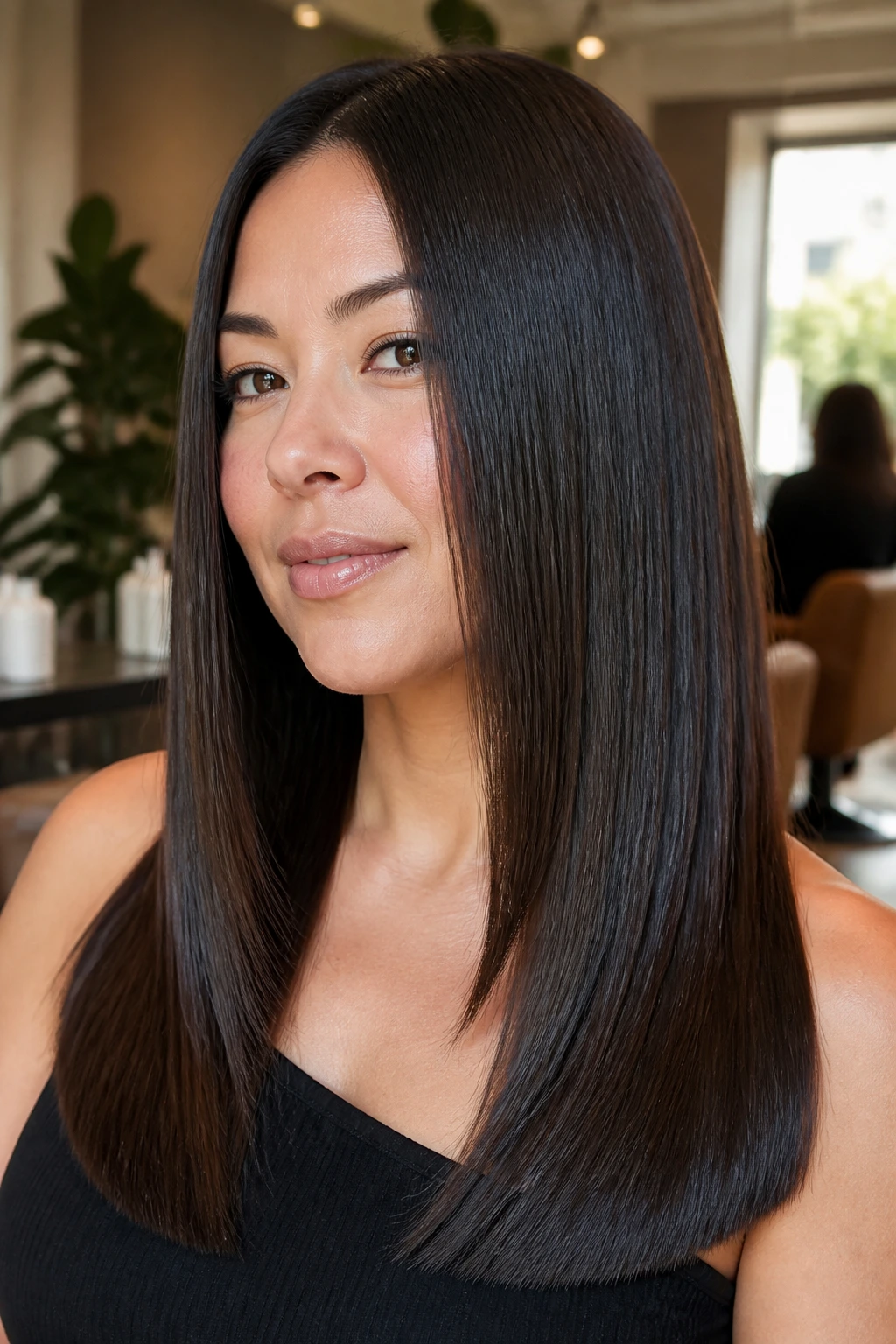Close-up of a real woman with a long, sleek one-length haircut and subtle front angle starting below the jaw.