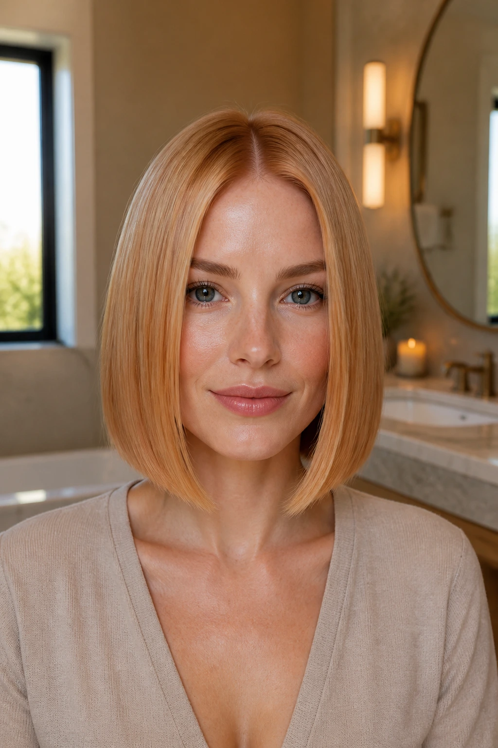 Front portrait of a real woman with a one-length gloss bob in strawberry blonde