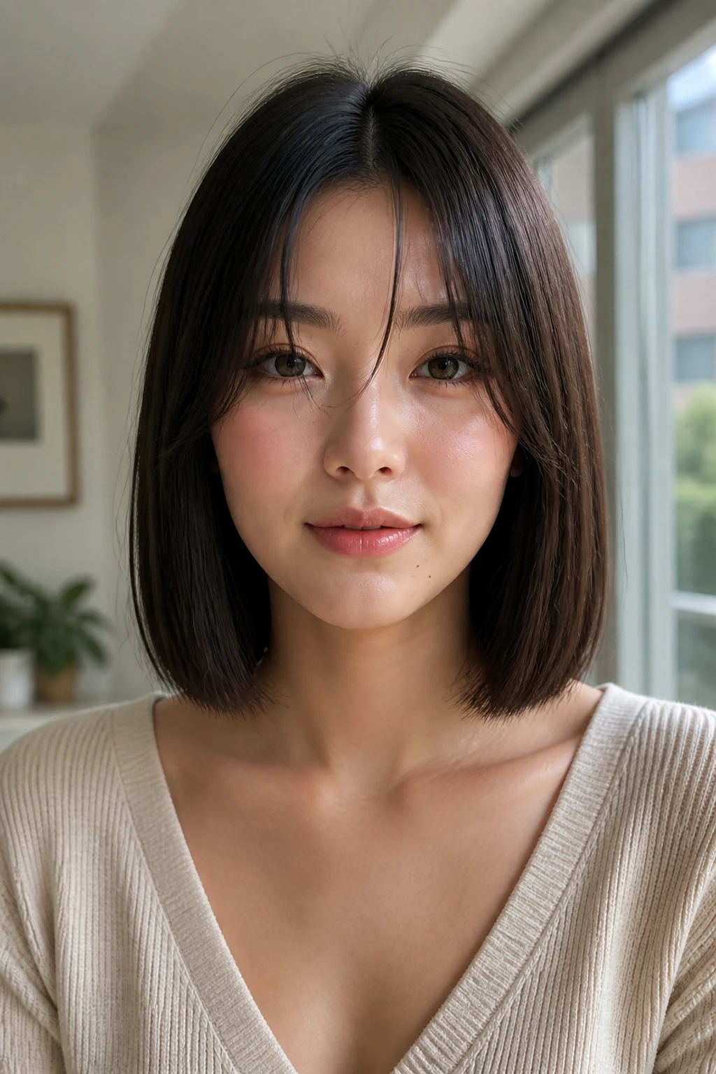 Close-up portrait of a real woman with a blunt one-length lob and center-part fringe by a window