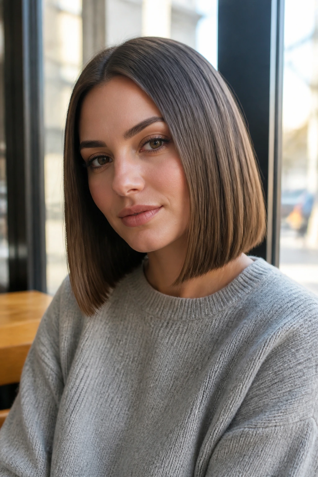 Portrait of a real woman with a rigid one-length lob and clean edge