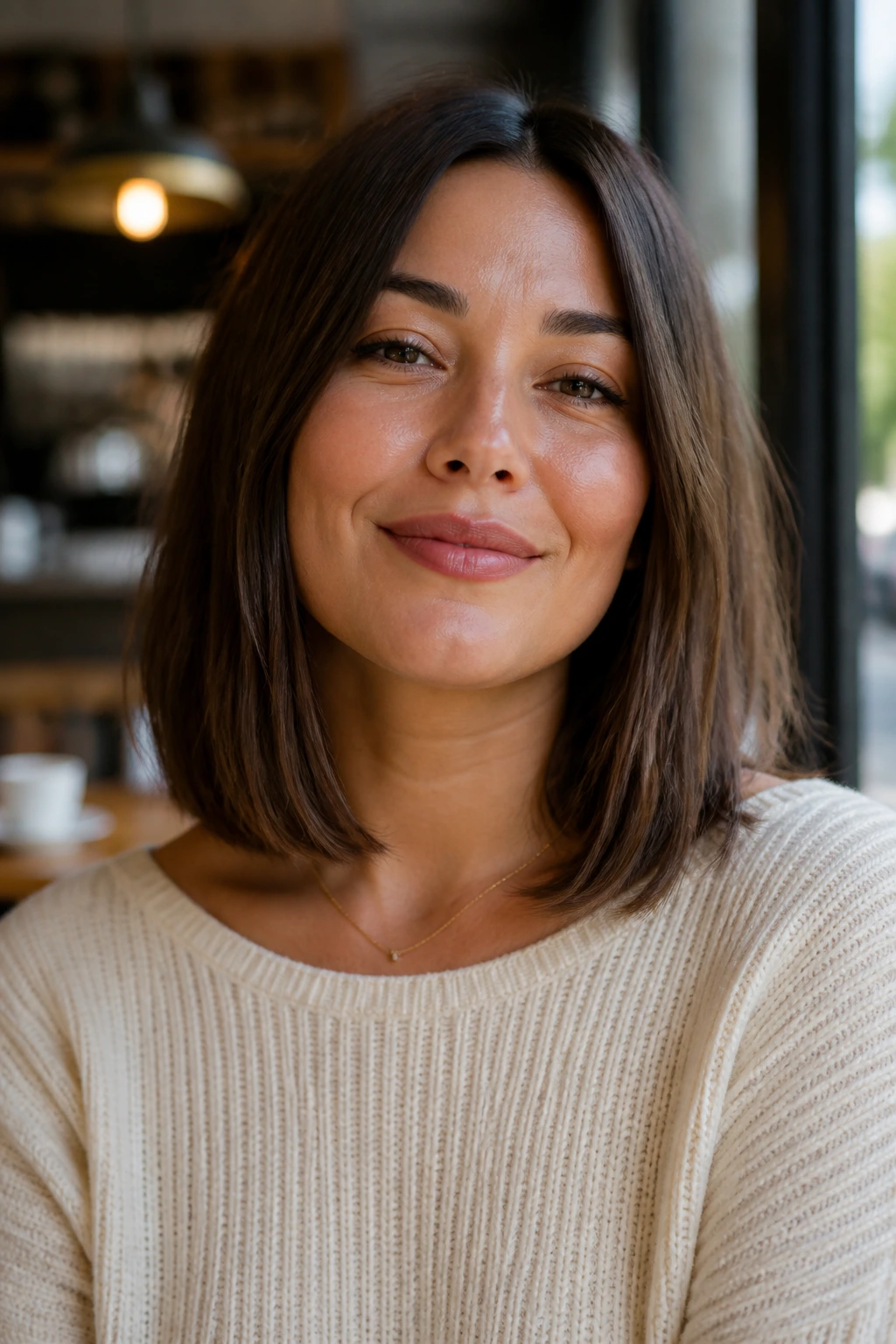 Close-up portrait of a person with a minimalist one-length lob at collarbone.