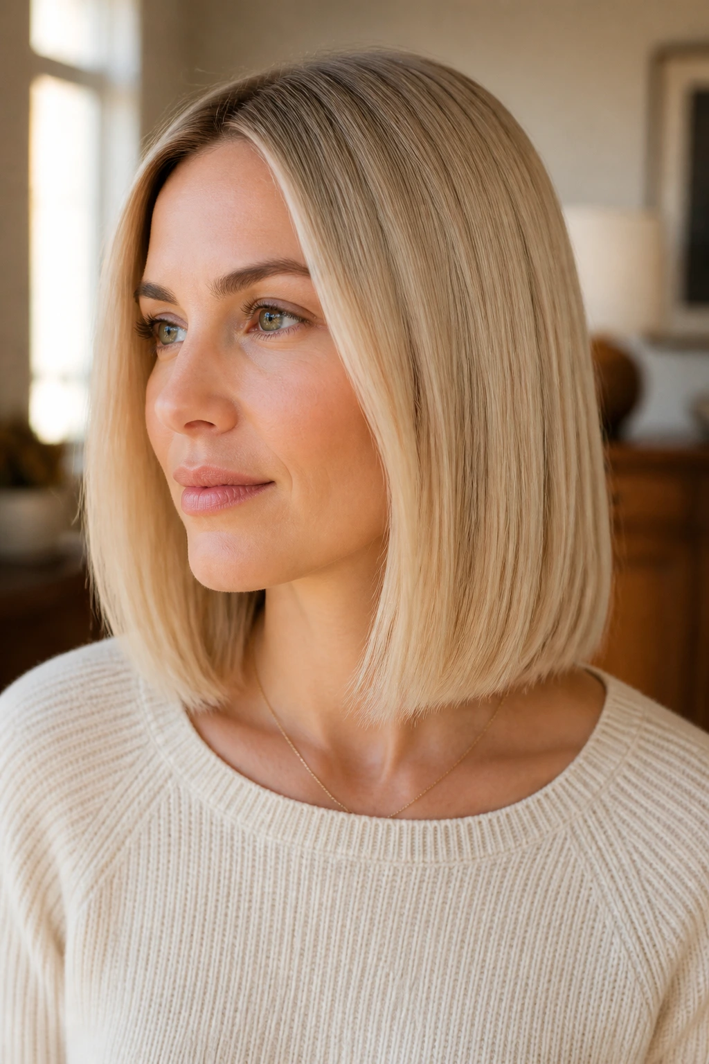 Close-up of a real woman with a creamy blonde one-length lob at collarbone