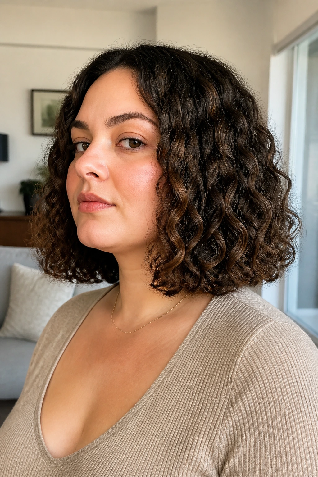 Shoulder-length curly lob forming a rectangular silhouette on a real woman