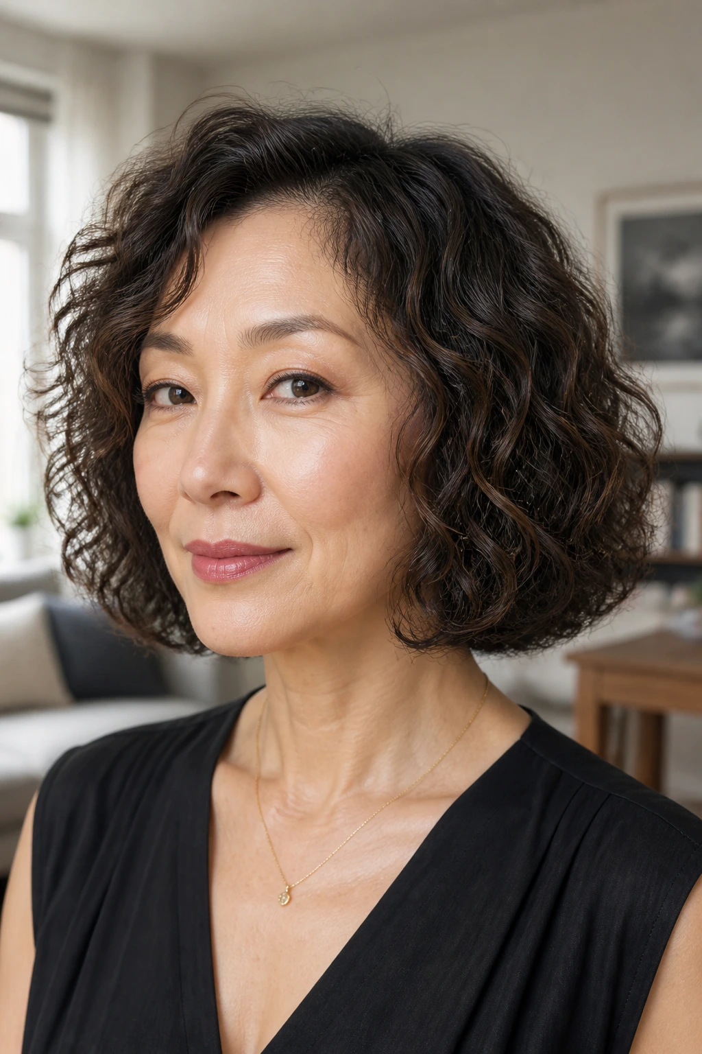 Close-up of a real woman with a minimalist one-length curly lob and crisp edge