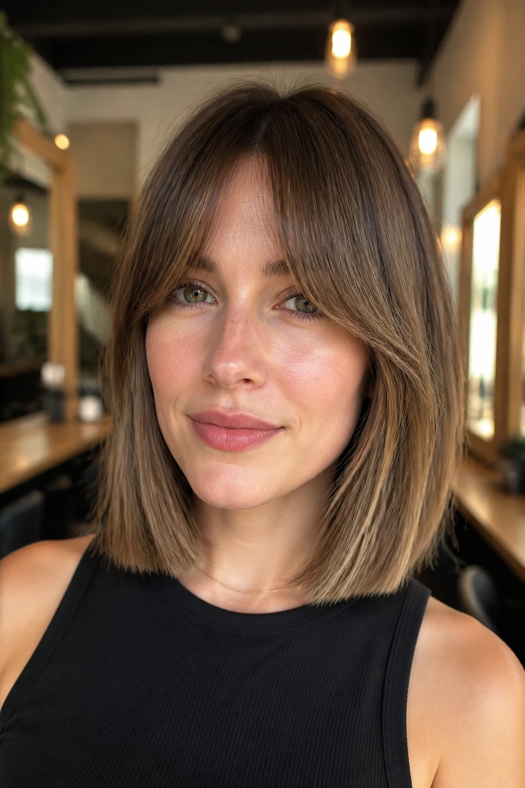 Close-up of a real woman with one-length lob and curtain bangs framing the face