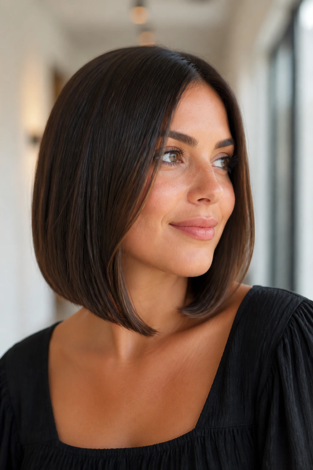 Close-up portrait of a real person with a one-length lob and jaw-framing pieces