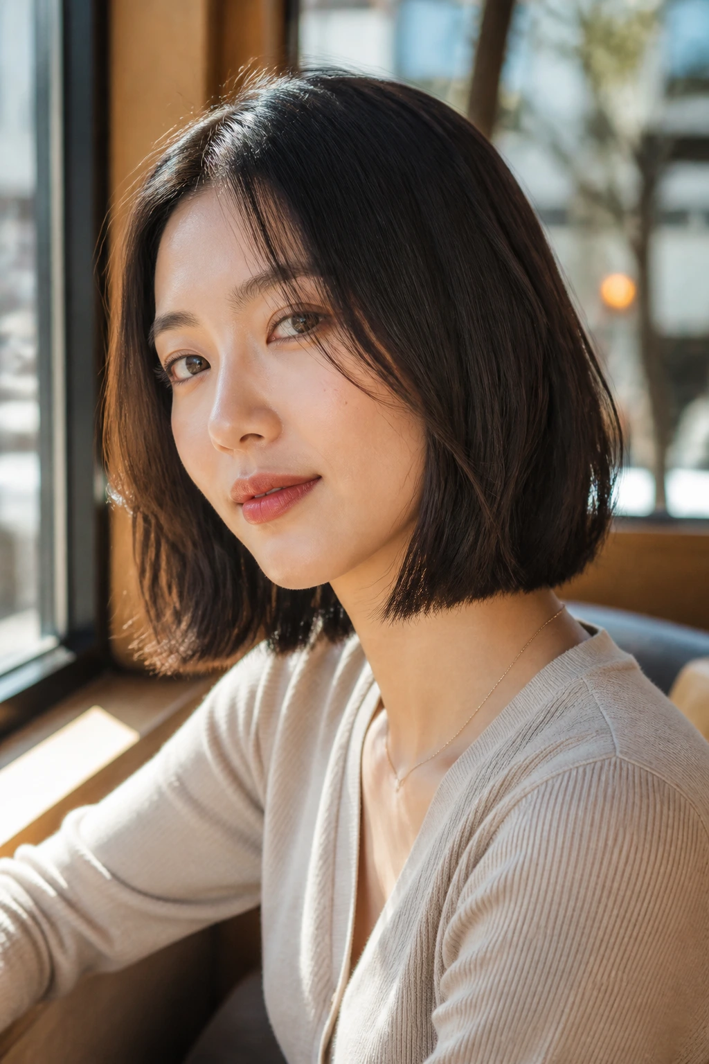Close-up of a woman with a one-length lob and subtle micro-bends at the ends