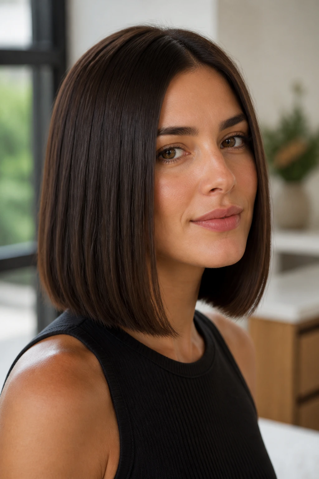 Real person displaying a one-length lob with no layers for density