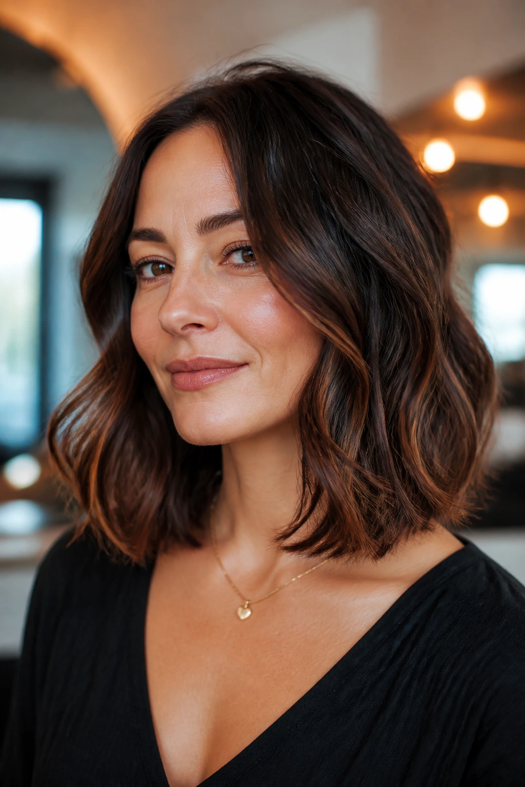 Real woman with one-length lob and polished curve at ends.