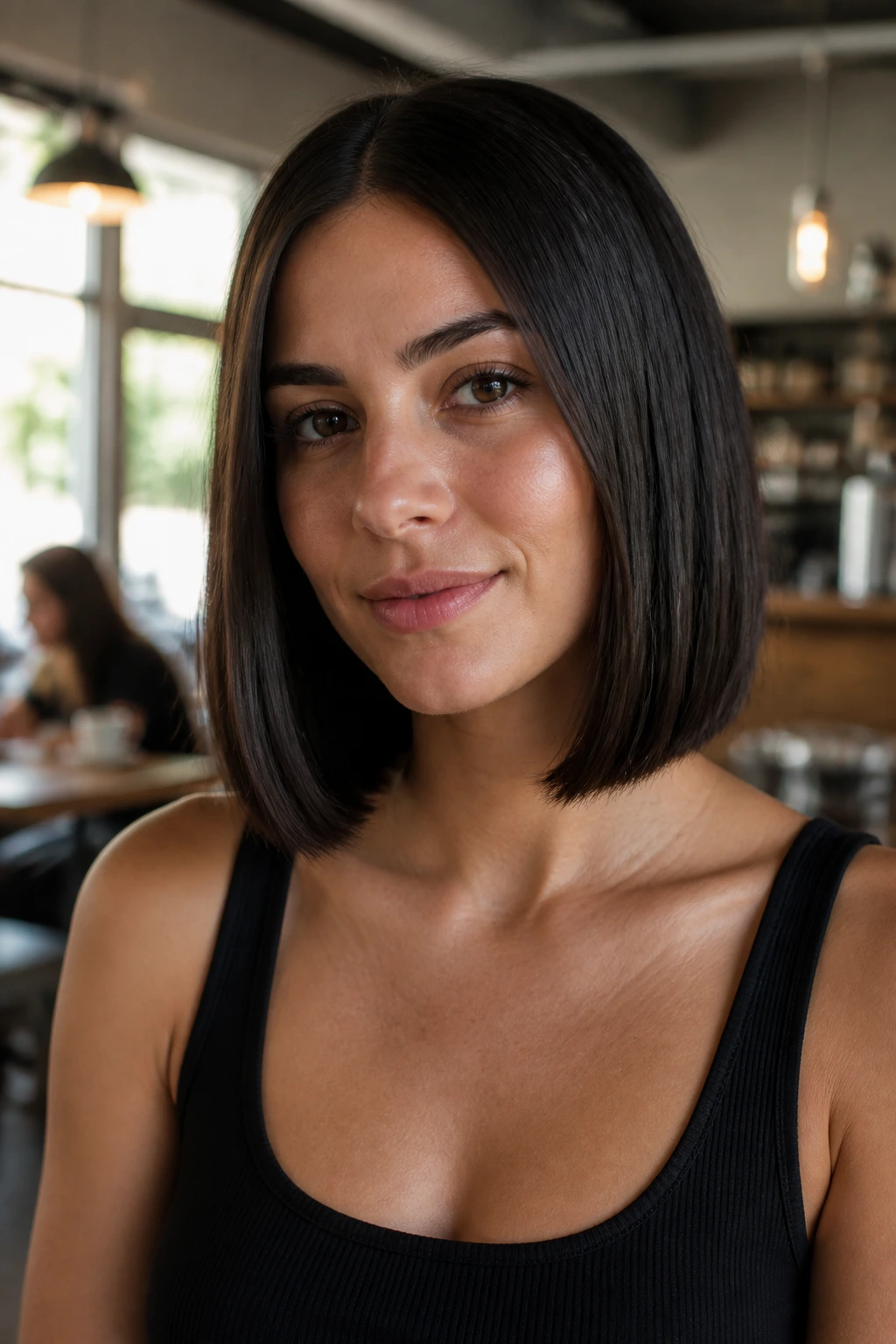 Close-up of a real woman with a sleek one-length lob in cafe daylight
