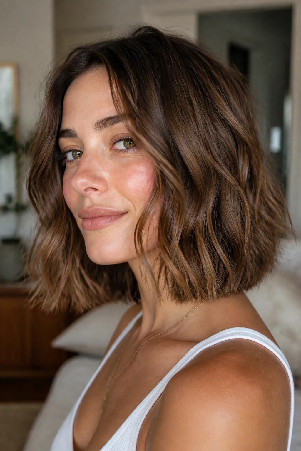 Close-up portrait of a real woman with one-length messy wave bob, shoulder-length blunt cut with textured waves