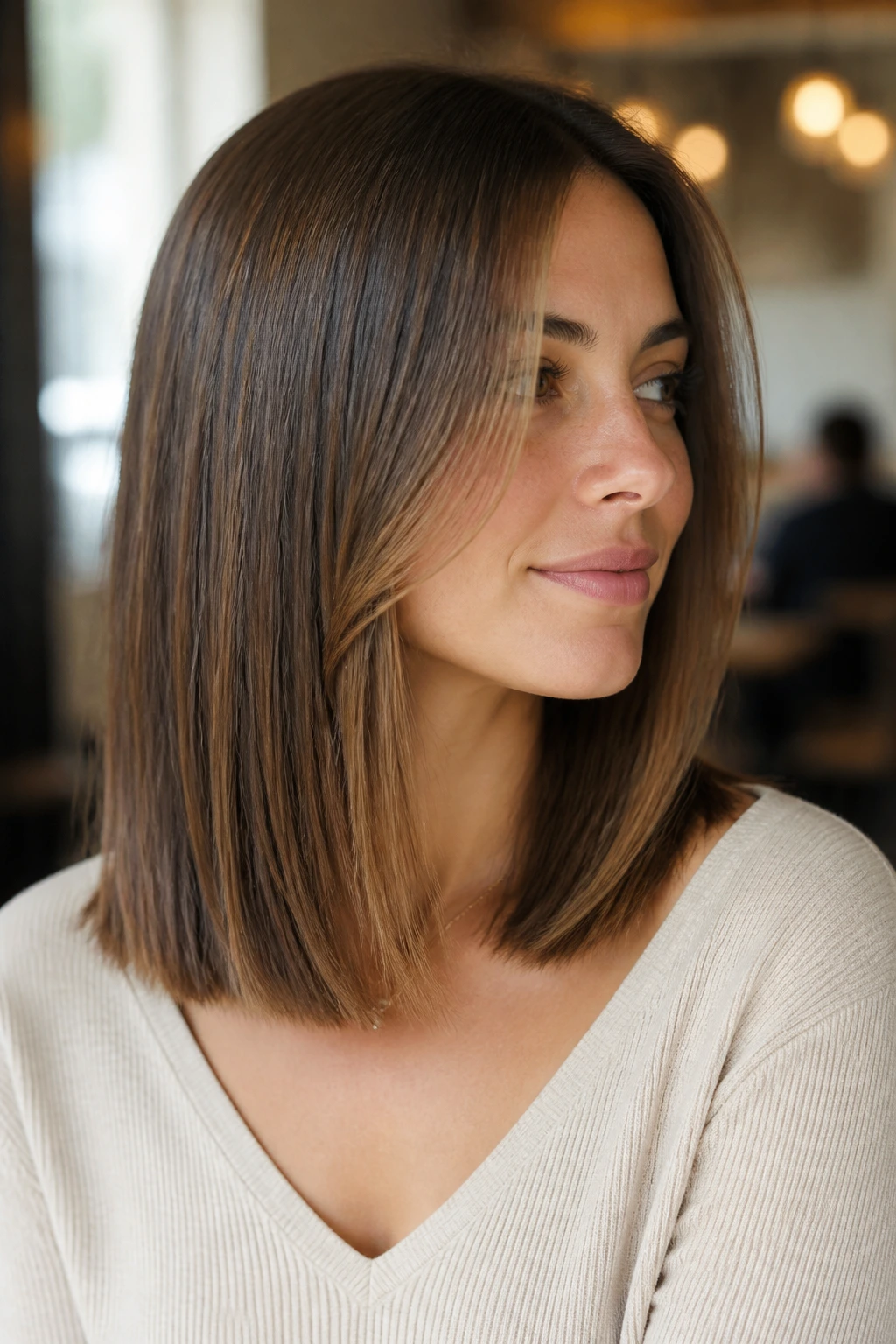 Portrait of a woman with a one-length midi haircut and soft face-framing pieces