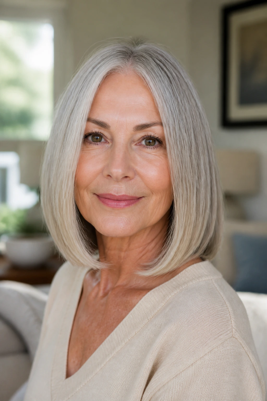 Portrait of a real woman with a polished one-length midi haircut with a soft bevel