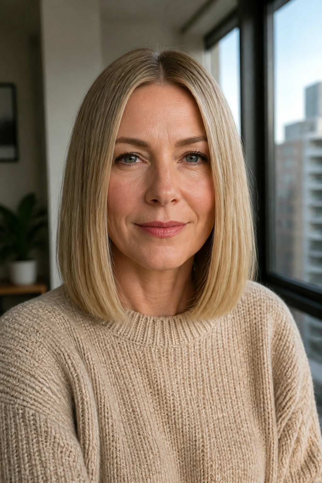 Portrait of a real woman with a one-length shoulder cut and center part.