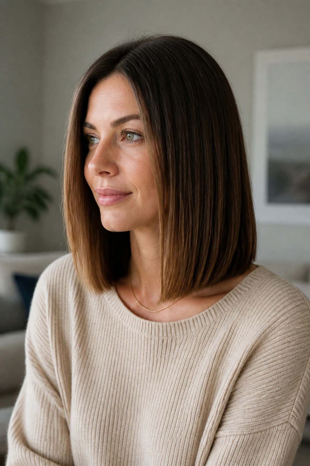 Woman with shoulder-length one-length cut showing even ends