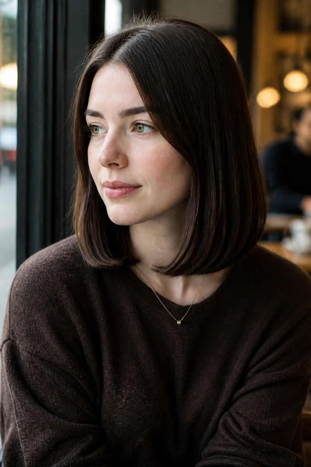 Woman with a one-length brunette cut and tucked ends in warm window light