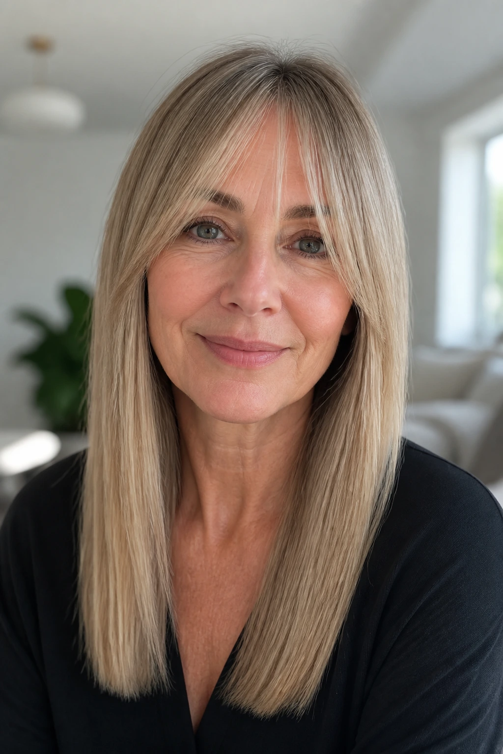 Portrait of a woman with a minimal one-length cut and wispy front pieces