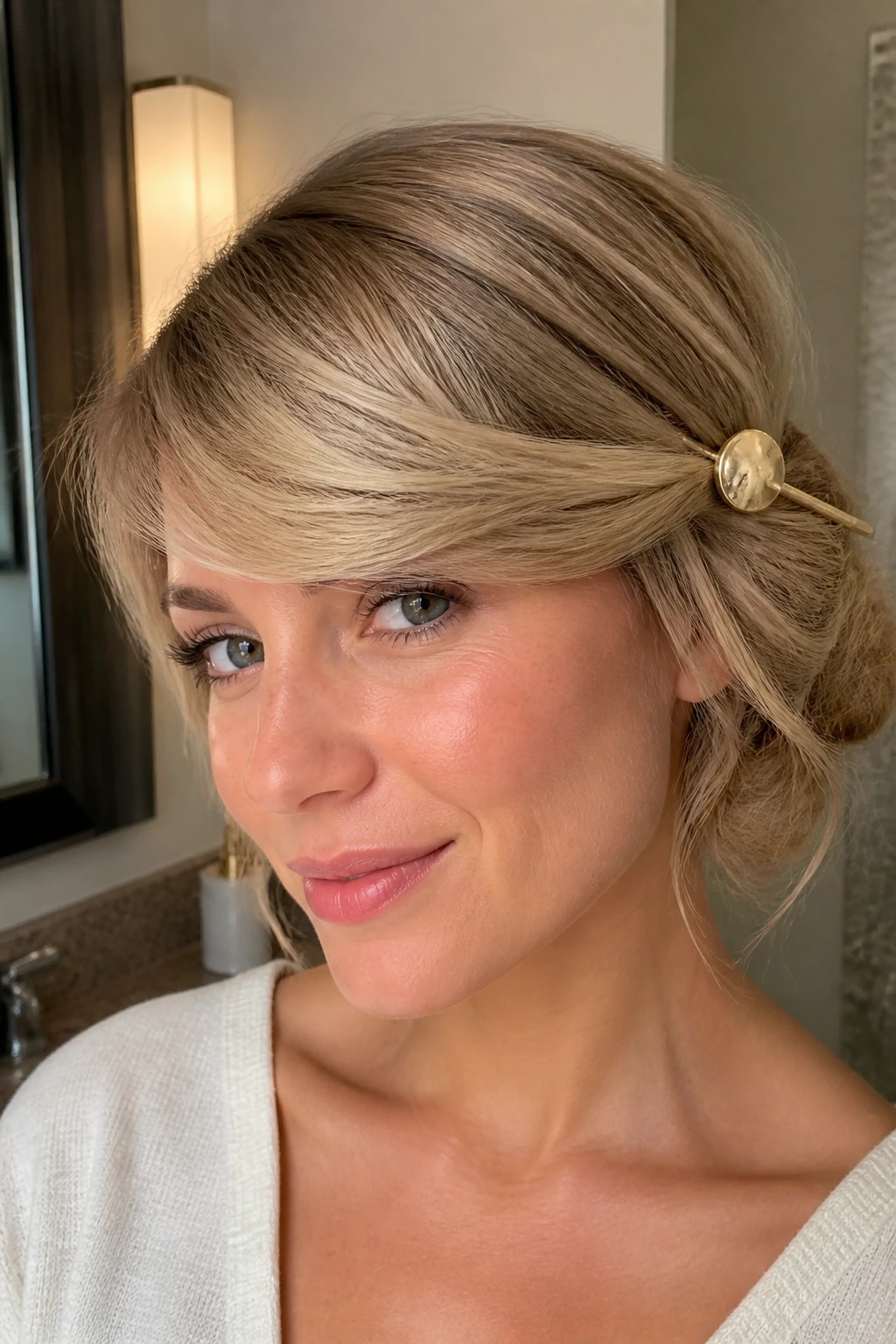 Close-up of real woman with a one-pin side sweep updo and visible bangs