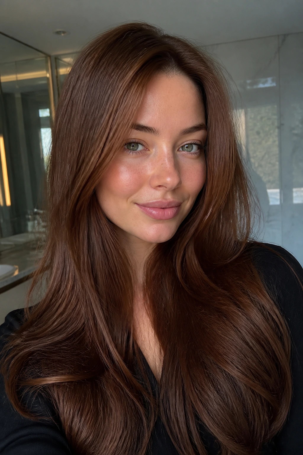 Close-up of a woman with glossy chestnut caramel one-process color on straight hair