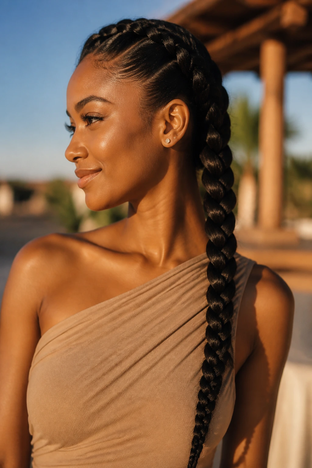 Portrait of a real woman wearing a single thick French braid over one shoulder