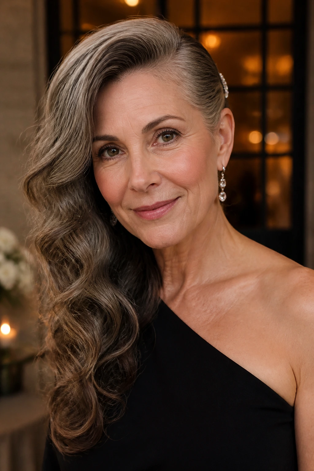 Close-up of a real woman with one-shoulder cascade hairstyle, waves sweeping to the opposite shoulder