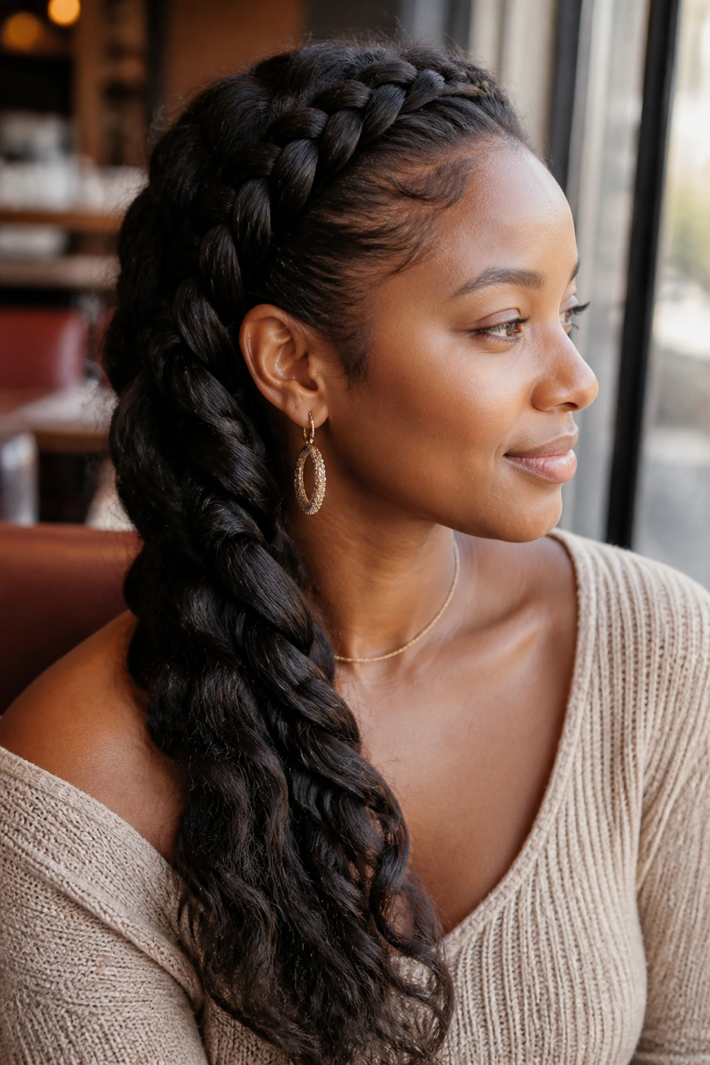Real woman with one-shoulder crown sweep and draped waves